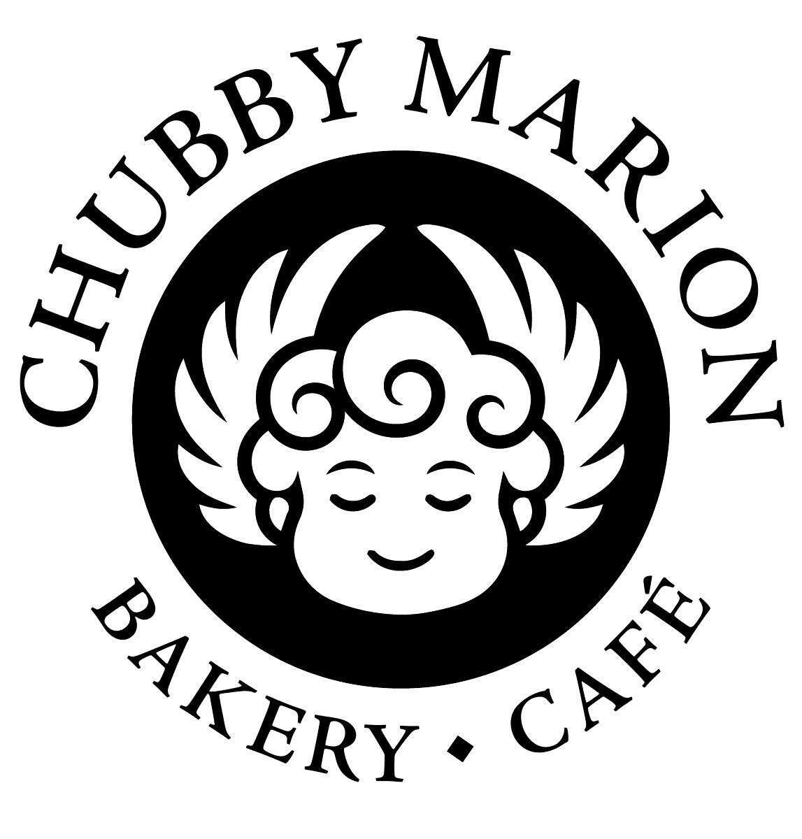 Chubby Marion main mark: winged cherub head in a black circle, with CHUBBY MARION arched above and BAKERY CAFE below